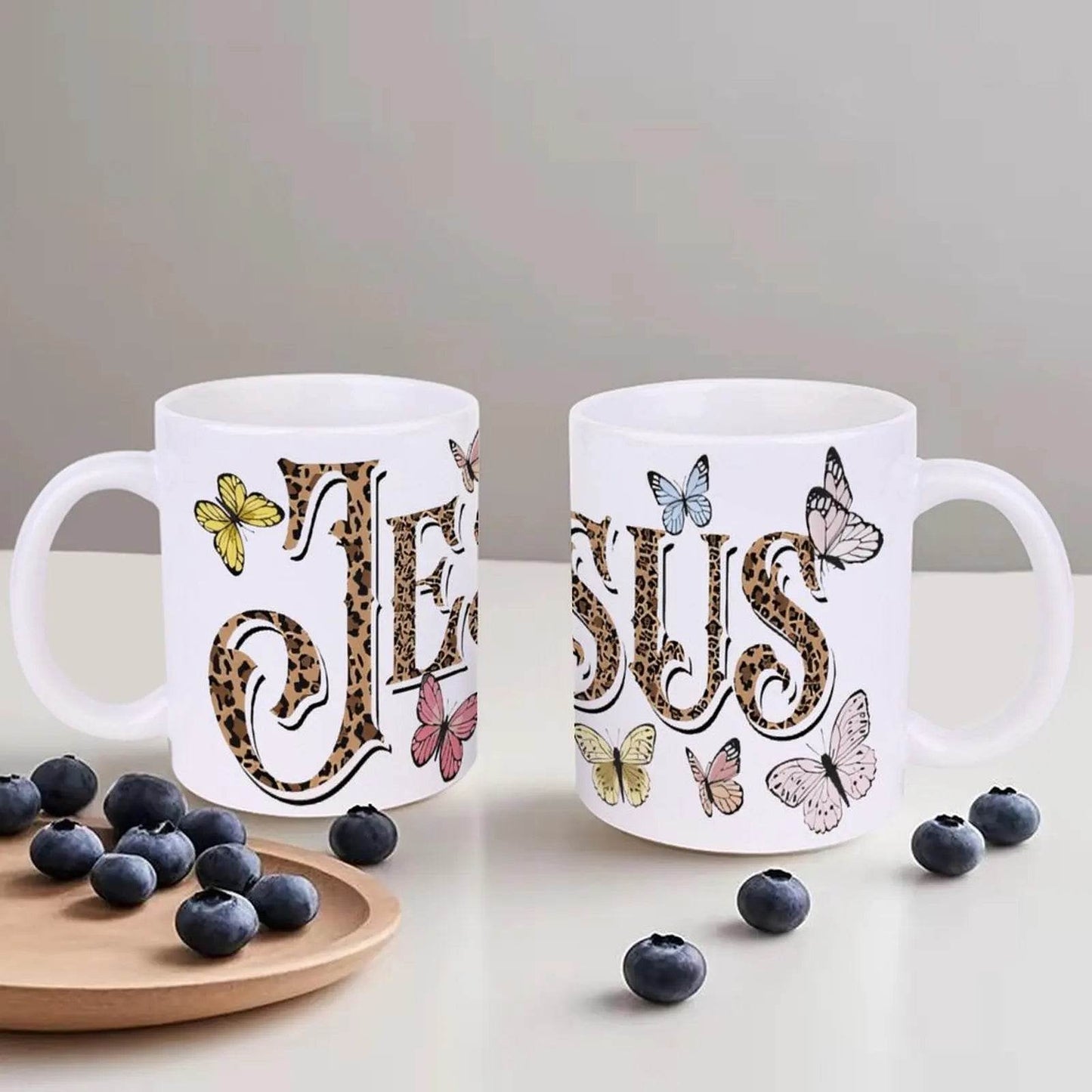 The Word Jesus Surrounded By Butterflies And Leopard Print Ceramic Coffee Mug Bible Verse Cup, 330ml Drinkware - Loft&Timber