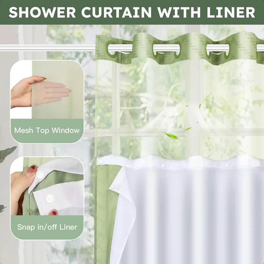 No Hook Shower Curtain and Snap in Liner Set Sage Green Tufted Chevron