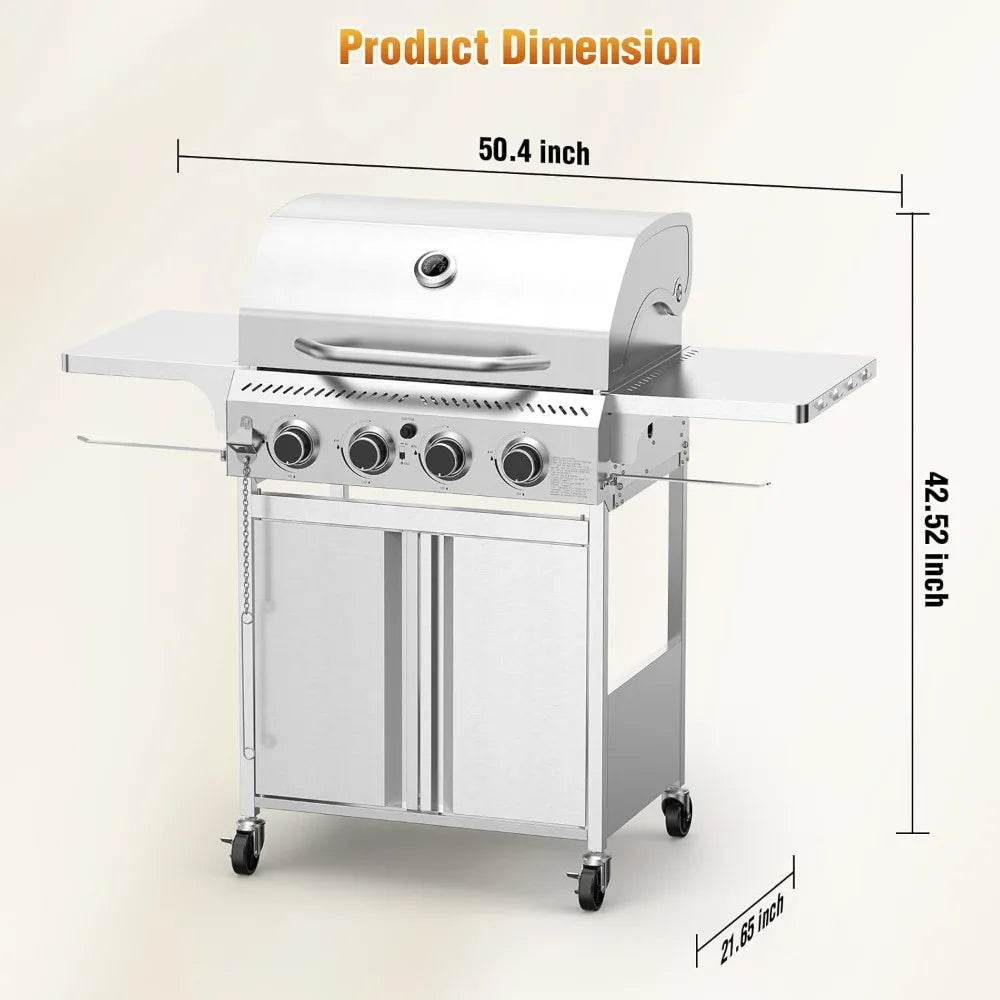 Stainless Steel 4-Burner Propane Gas Grill with Folding Side Shelf and 32,000 BTU Cooking Power - Loft&Timber