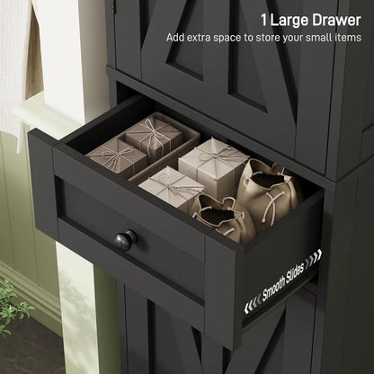 67" h tall bathroom cabinet, narrow storage cabinet with 2 barn doors and 1 drawer, freestanding floor cabinets with 6 shelves