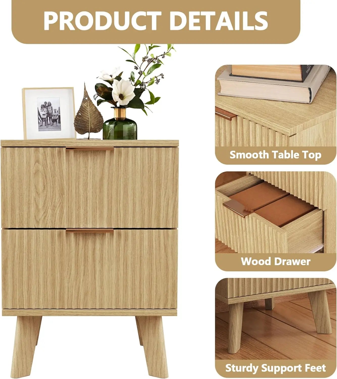Fluted Nightstands, Mid Century Modern Drawer Dresser for Bedroom, Small Night Stand Side Table End Table with Wood D
