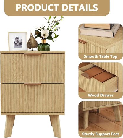 Fluted Nightstands, Mid Century Modern Drawer Dresser for Bedroom, Small Night Stand Side Table End Table with Wood D