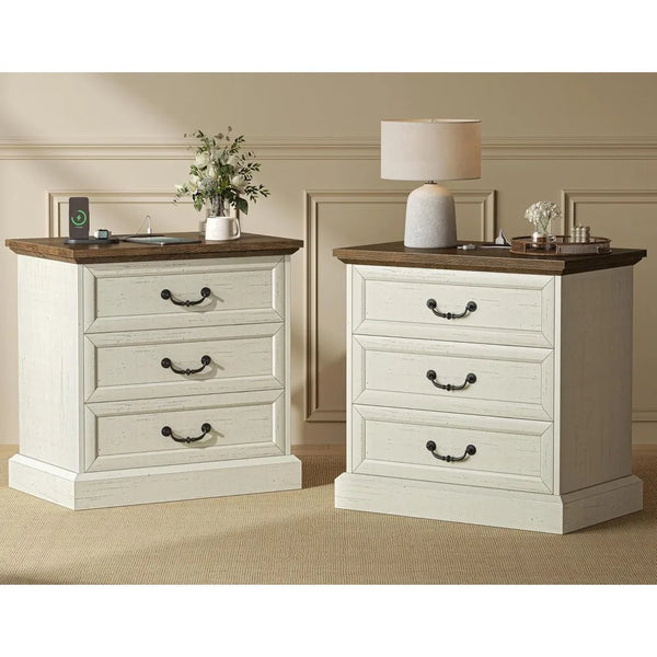 Nightstand with Charging Station, 3 Drawer Night Stand Set of 2, 22 Inch Wider Side Table with Storage, Farmhouse Nightstand wi