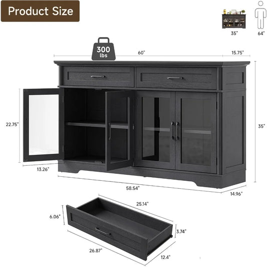 60" Sideboard with 4 Glass Doors and 2 Drawers - Loft&Timber