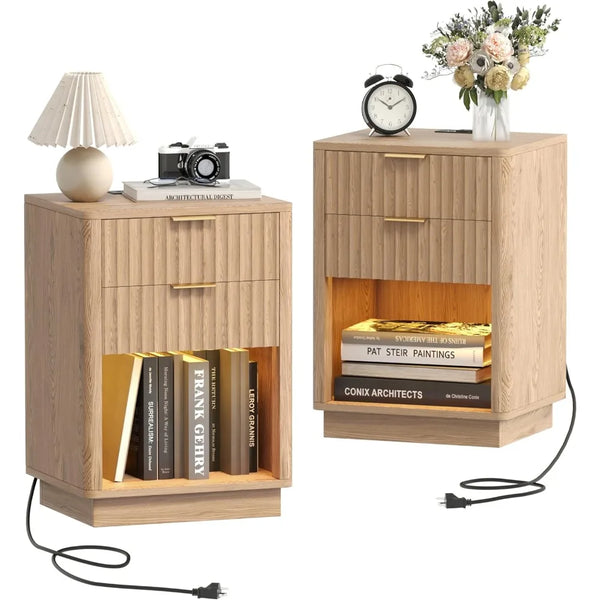 Fluted Nightstands Set of 2 with Charging Station, 15.7" Wide 2 Storage Drawers End Table with LED Light, Curved Profile