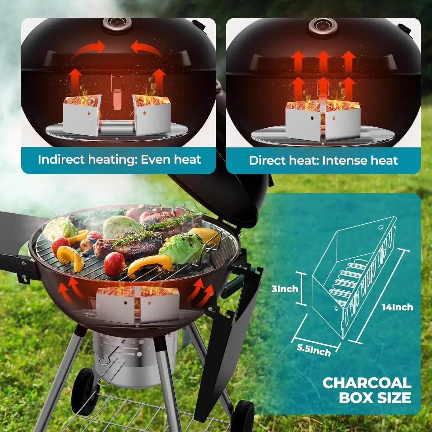 22 Inch Charcoal Grill with 2 Foldable Side Tables,Charcoal Kettle Grills with Wheels,Outdoor bbq Grill,Portable Charcoal Grill - Loft&Timber