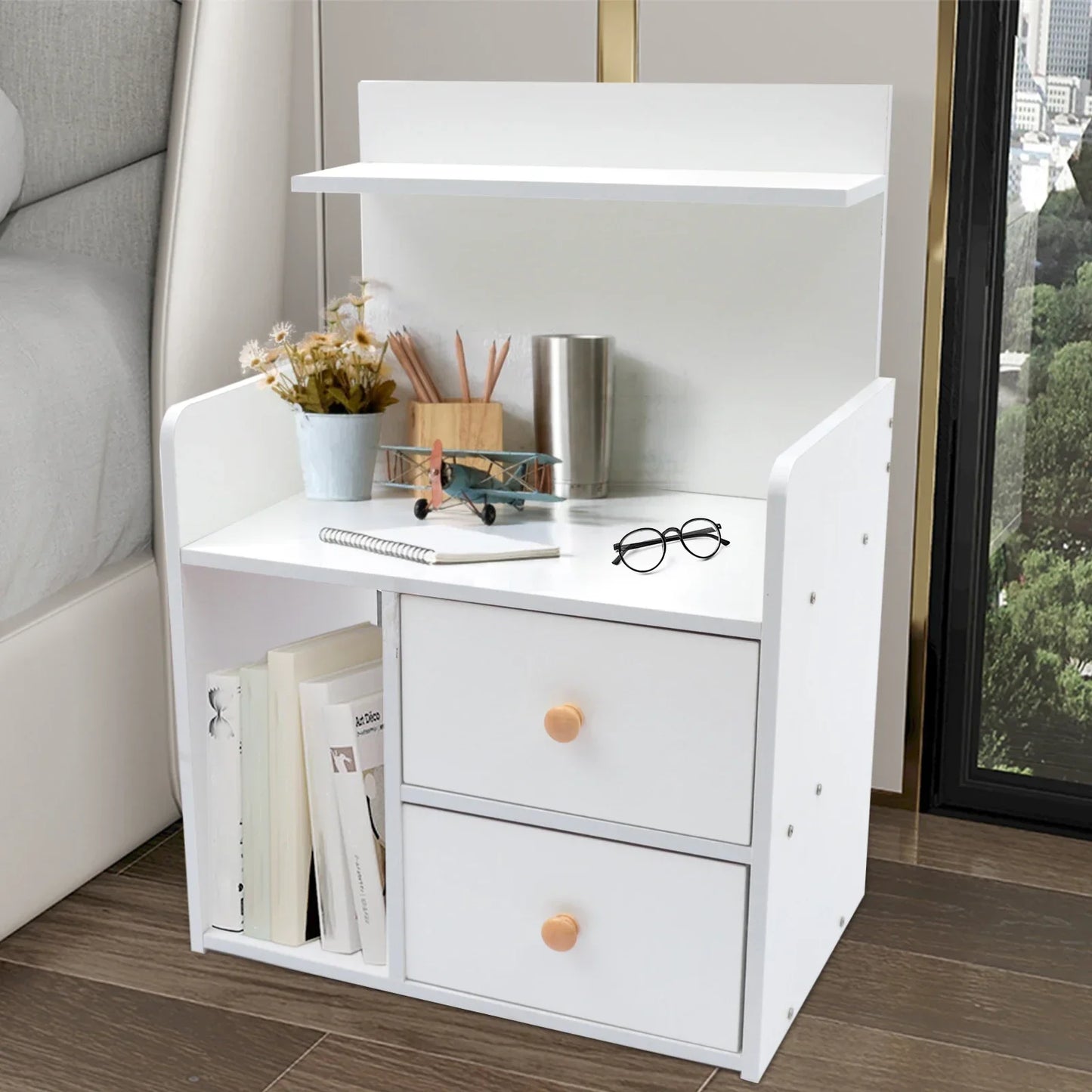 Bymaocar Warm White Nightstand with 2 Drawers, 16.9x10.2x23.6In Compact Bedside Table, Versatile Vanity Dresser for Living Room
