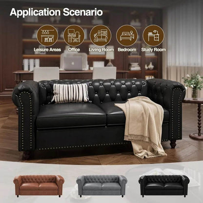72 Inch Black Sofa, Chesterfield Faux Leather Couch with Wooden Legs - Loft&Timber