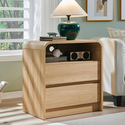 25" Tall Modern Nightstand with Charging Station,23.6'' Wide Wood Bedside Table w/2 Storage Drawers, Large Mid Century End Table