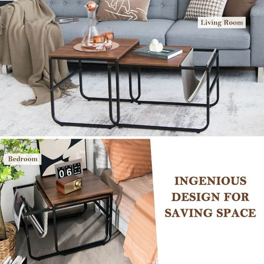 Set of 2 Nesting Coffee Tables with Side Pocket for Living Room Bedroom - Loft&Timber