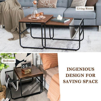 Set of 2 Nesting Coffee Tables with Side Pocket for Living Room Bedroom - Loft&Timber