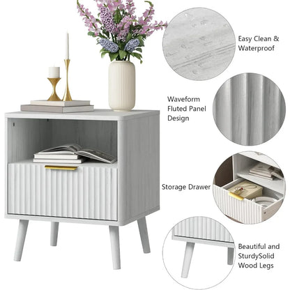 Fluted Nightstand with Drawers, 16'' Wide Wood End Table for Bedroom, Small Space Bedside Table, Modern Night Stand for Living