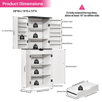 Redlife 72" Kitchen Pantry Storage Cabinet with 8 Shelves 4 Rattan Doors - Loft&Timber