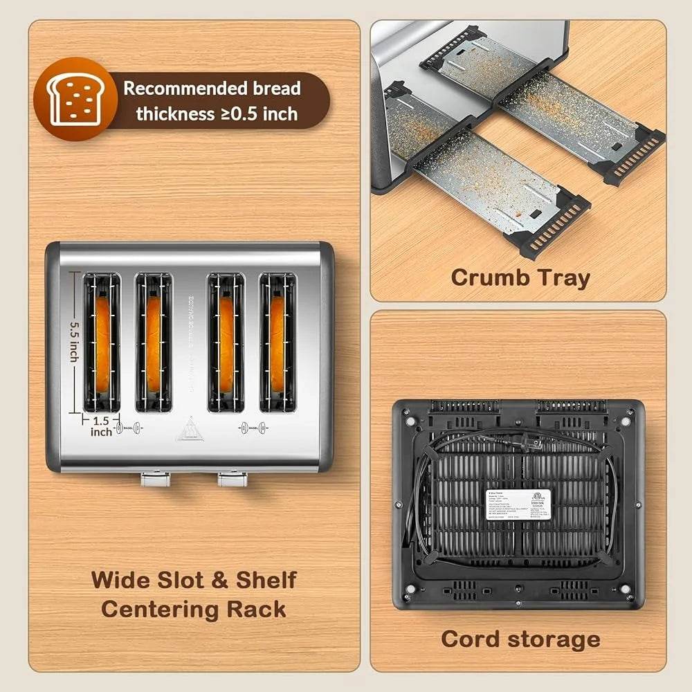 4 Slice Stainless Steel Toaster Touch Screen Dual Control Wide Slots Perfect Bagels Muffins Waffles and Bread - Loft&Timber