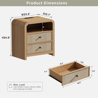 rattan nightstand set of 2, 23.6'' rattan end table with ample storage, boho nightstand with charging station, thick
