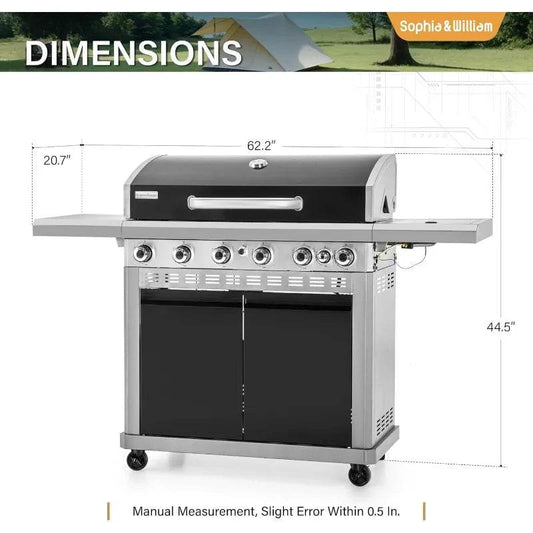 6-Burner Propane BBQ Grill, Porcelain Cast Iron Grates & Side Burner, Black - Loft&Timber