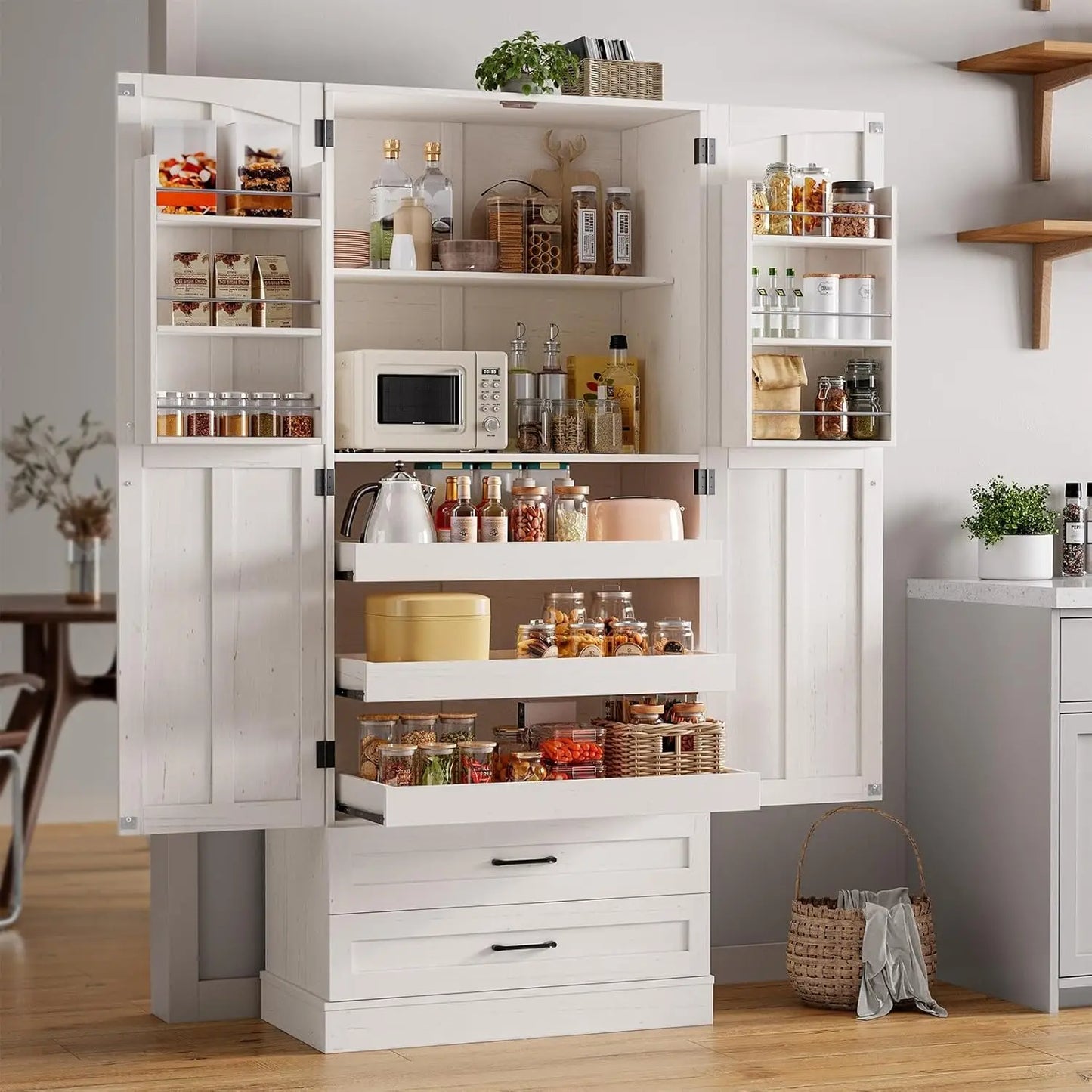 71" Tall Farmhouse Kitchen Pantry Cabinet with 3 Pull Out Shelves & 2 Large Drawers, Pantry Storage Cabinet with 6 Door Shelves - Loft&Timber