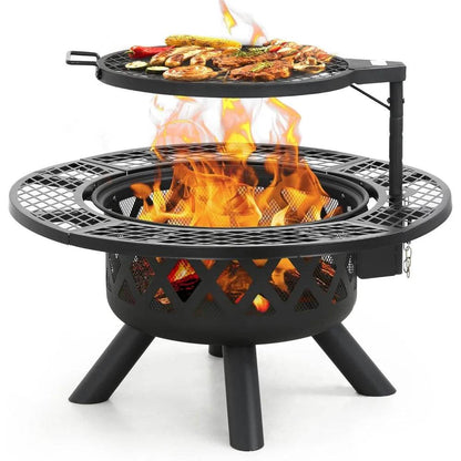 Fire Pit with Poker, 32 inch Outdoor Fire Pit Patio, Wood Burning Firepits for Outside with Grill - Loft&Timber