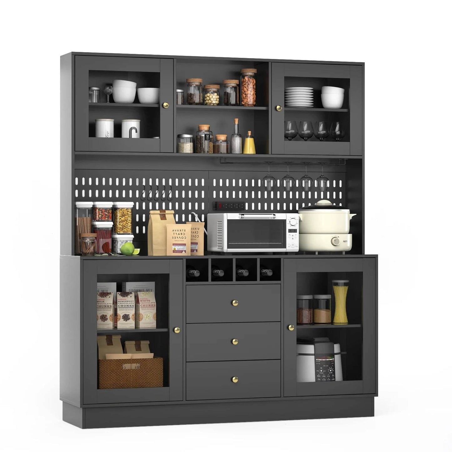 Pantry Cabinet, Kitchen Storage Cabinet, Freestanding Buffet Hutch with Pegboard, Cup Holder, Power Outlet, Black - Loft&Timber