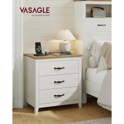 Charging Station Farmhouse Nightstand - 3 Drawer Bedside Table for Bedroom