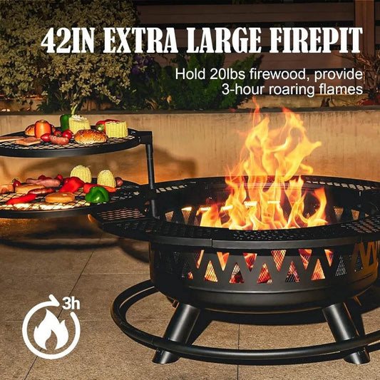 42 Inch Fire Pit with 2 Grills, Large Outdoor Firepits for Outside, Wood Burning Fireplace, 3-in-1 Ro - Loft&Timber