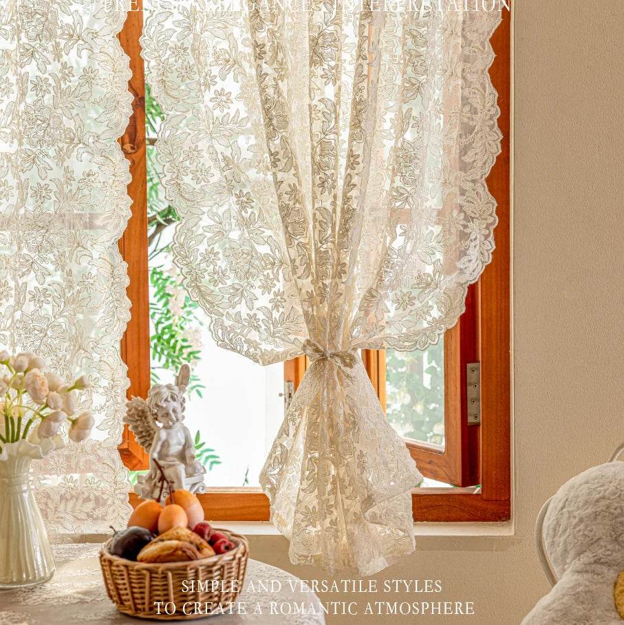 2PC French Vintage Embroidery Lace Beige Sheer Curtains - Loft&Timber