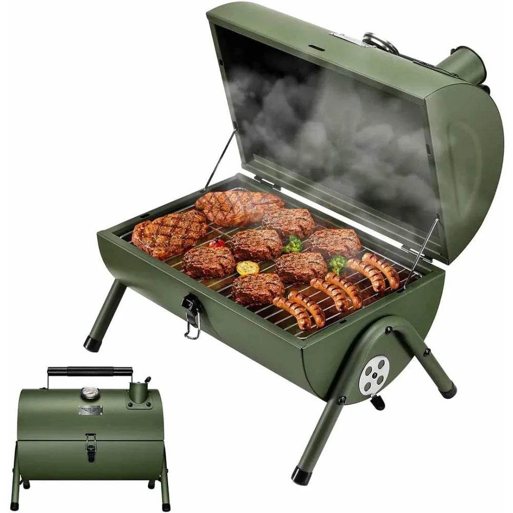 Portable Adjustable Charcoal Grill for Outdoor Hiking and Picnics - Multi-Functional Metal BBQ Smoker in Green - Loft&Timber
