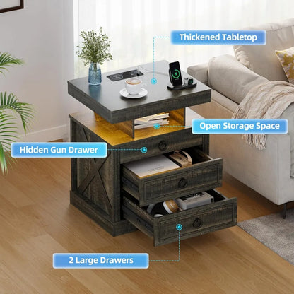 Nightstand with Gun Drawer, LED Bedside Table with Charging Station, Modern Night Stand with Human Sensor Design, Smart E