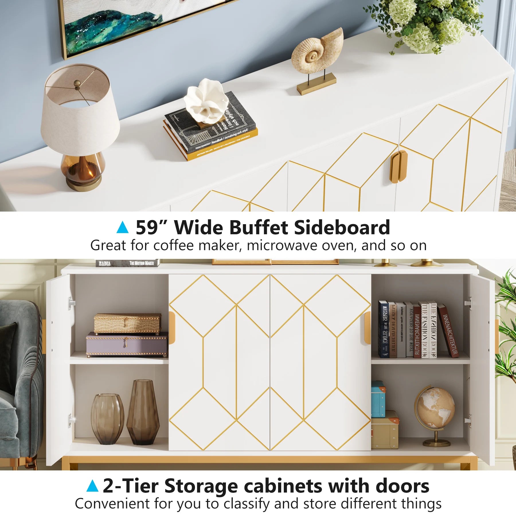 Tribesigns 59" White Gold Buffet Cabinet with Storage - Loft&Timber