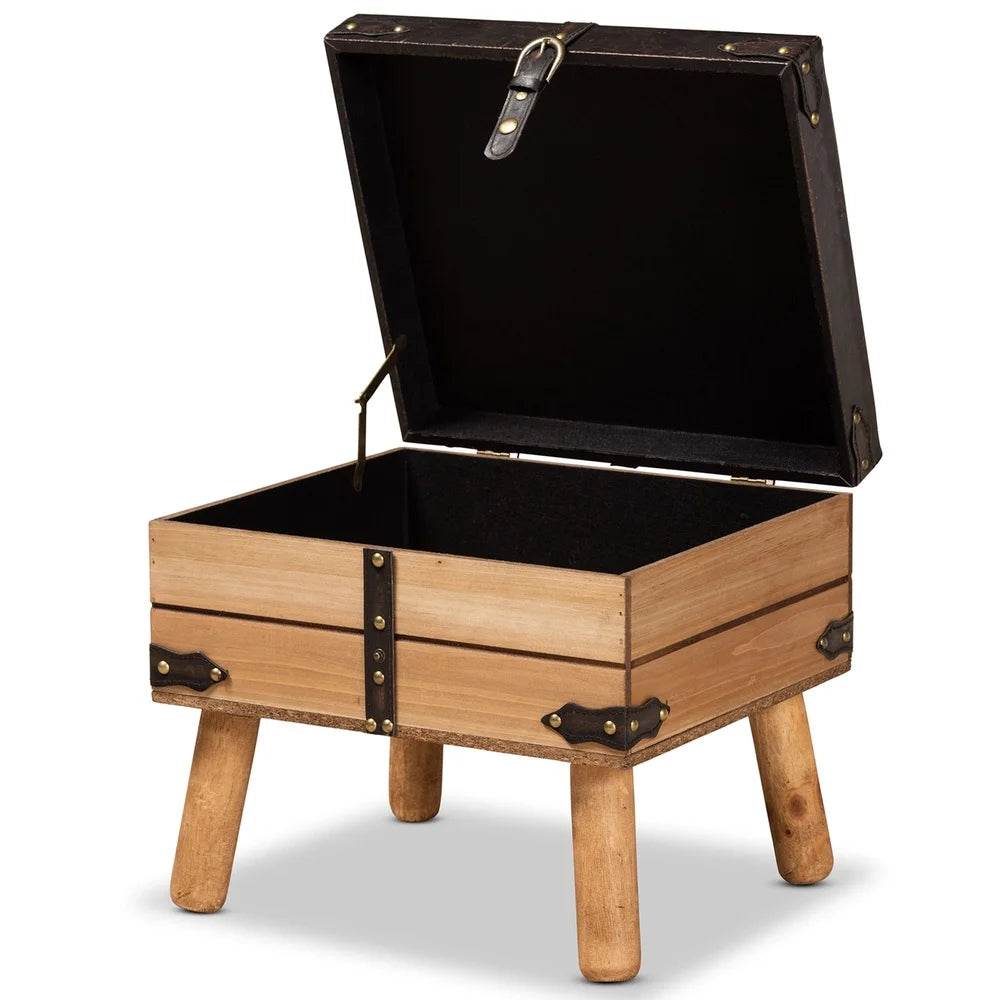 Rustic PU Leather Storage Ottoman Lift Top Brown Oak Wood