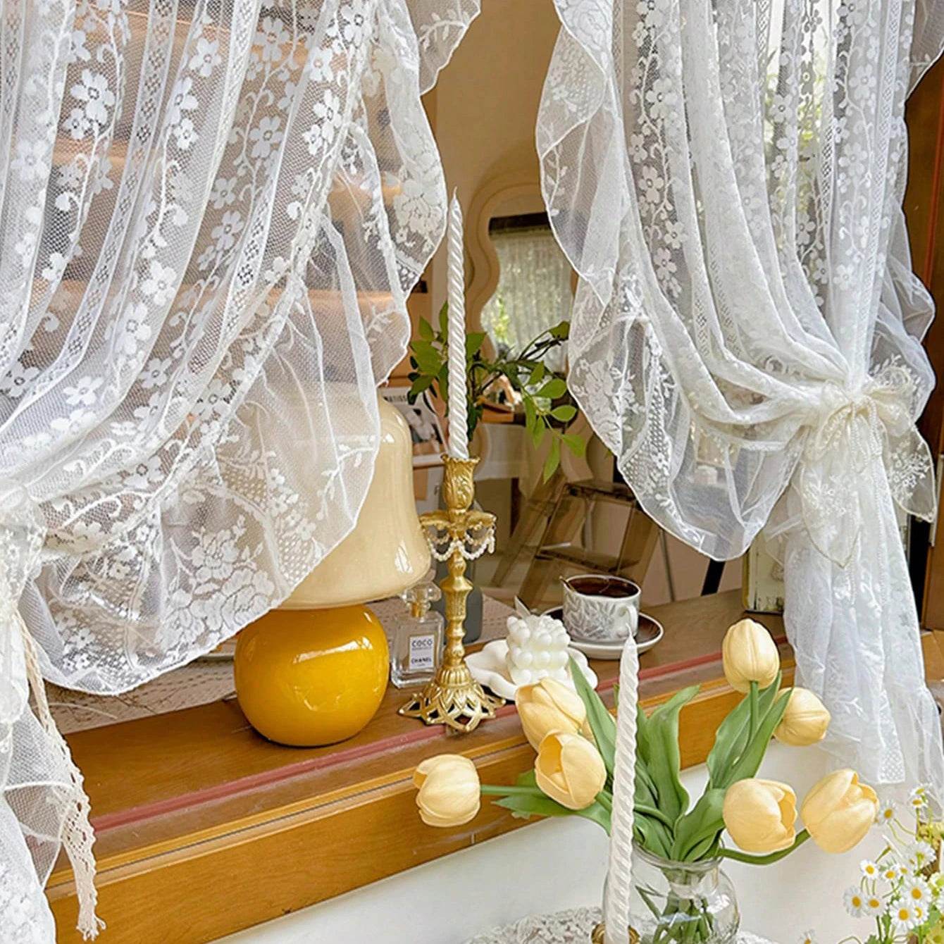 2PC White Embroidered Lace Curtain - Loft&Timber