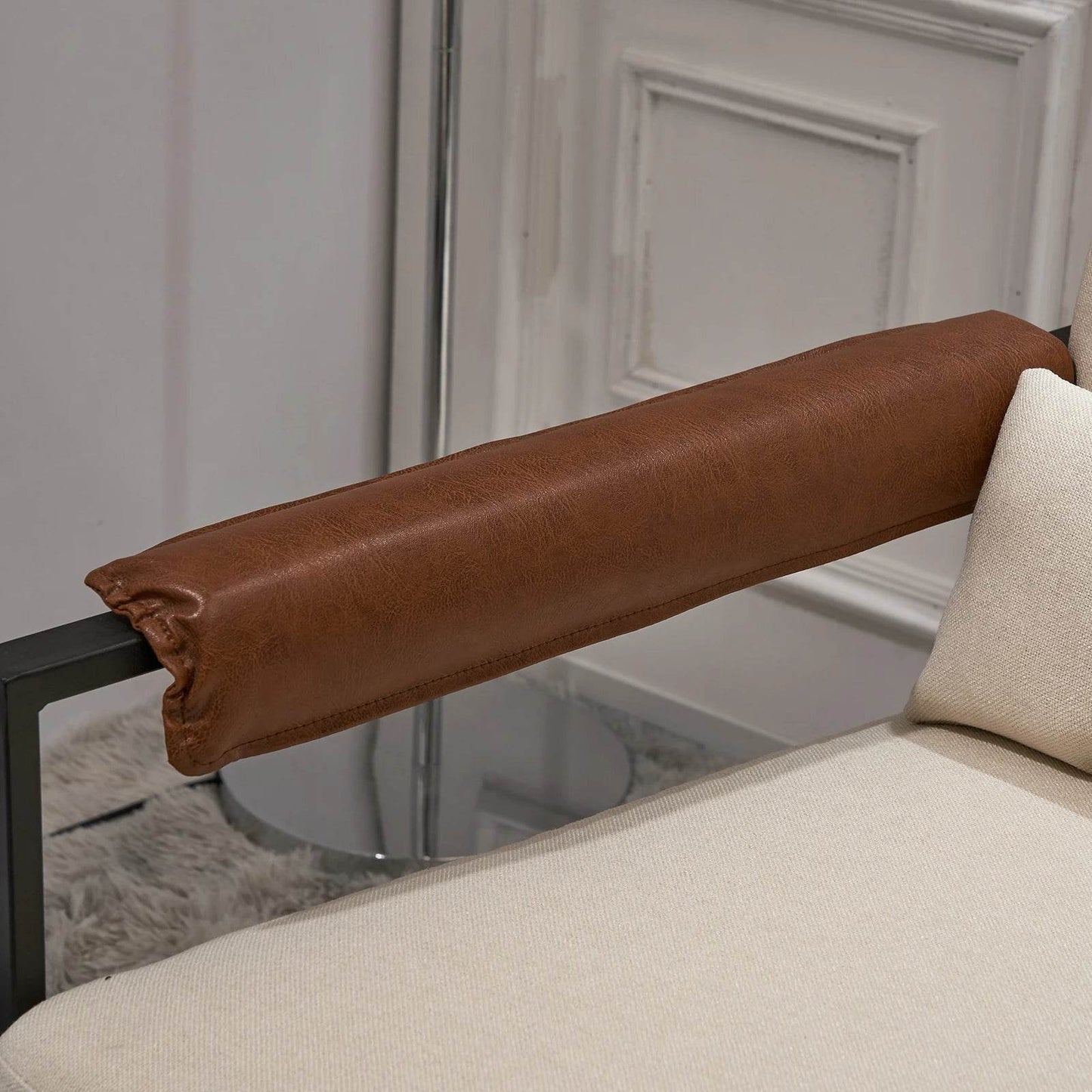 Single Iron Frame Chair Soft Cover Beige Brown Honeycomb Leather Armrest Frame - Loft&Timber