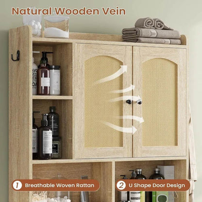 farmhouse style rattan bathroom storage cabinet with over-the-toilet organizer and barn door design - Loft&Timber