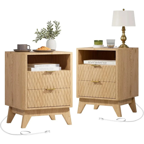 18" Fluted Nightstand - Modern Bedside Table with Charging Station & Storage Drawers