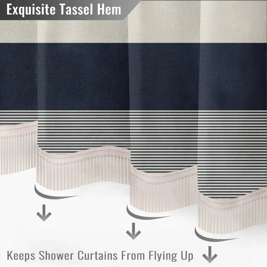 Boho Farmhouse Navy Blue Stripe Tassel Shower Curtain Set 72 x 72 Inches Bohemian Style - Loft&Timber