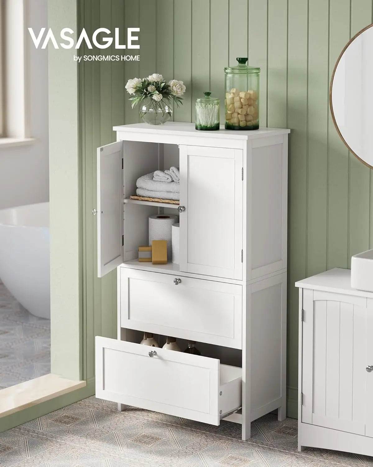 Bathroom Floor Storage Cabinet, Bathroom Storage Unit, Freestanding Cabinet with 2 Drawers and 2 Doors, Adjustable Shelf - Loft&Timber