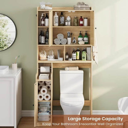 farmhouse style rattan bathroom storage cabinet with over-the-toilet organizer and barn door design - Loft&Timber