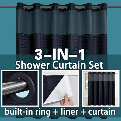 extra wide no hook shower curtain with snap in liner set, 108" x 74" hotel luxury black shower curtains