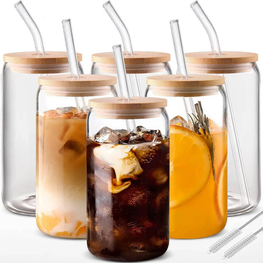 6pcs 18.6oz/550ml Drinking Glasses with Bamboo Lids and Glass Straw - Loft&Timber