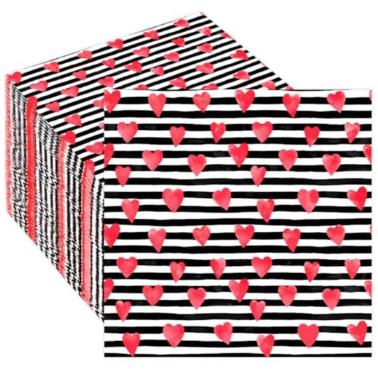 50 Pack Paper napkins Red Heart Stripe Cocktail napkins