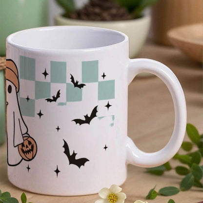 A Cartoon Ghost Holding A Cup Of Coffee And A Pumpkin Cute Mugs, 330ml - Loft&Timber