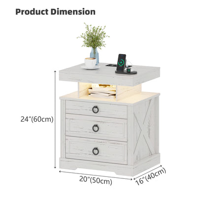 JDPAG Farmhouse Nightstand with Lockable Gun Drawer,3 Color Dimmable LED End Table with Charging Station,Bedside Table with Huma