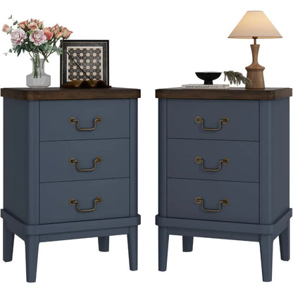 Farmhouse Nightstand with 3 Drawers，Modern Bedside Table with Round Curved Corner and Metal Handles, Wood End Side Table for Li
