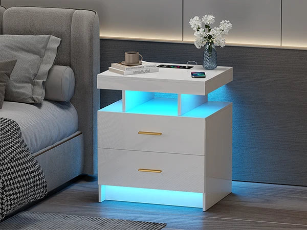 JDPAG LED Nightstand with Wireless Charging Station,Black Night Stand with 2 Drawers,Glass Top Smart Bedside Table