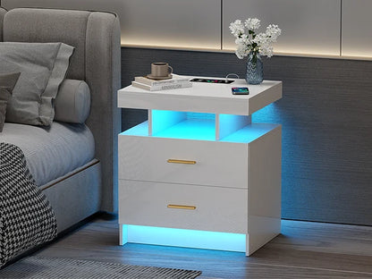 JDPAG LED Nightstand with Wireless Charging Station,Black Night Stand with 2 Drawers,Glass Top Smart Bedside Table