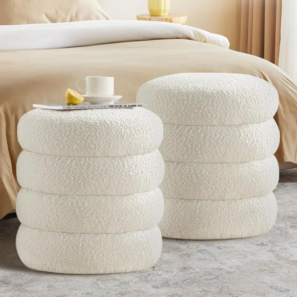 Round Ottoman with Storage for Living Room Small Boucle Foot Stool Modern Upholstered Vanity Stool Ottoman Foot Rest for Dorm