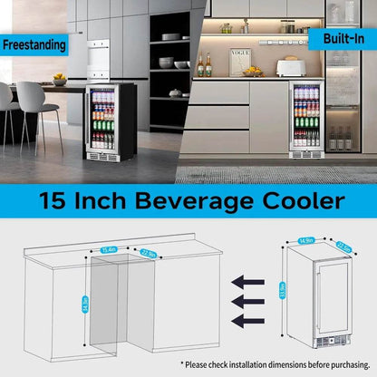 15 Inch Beverage Refrigerator Under Counter - 126 Cans Beverage Fridge with Glass Door for Beer Wine Soda - Built-in