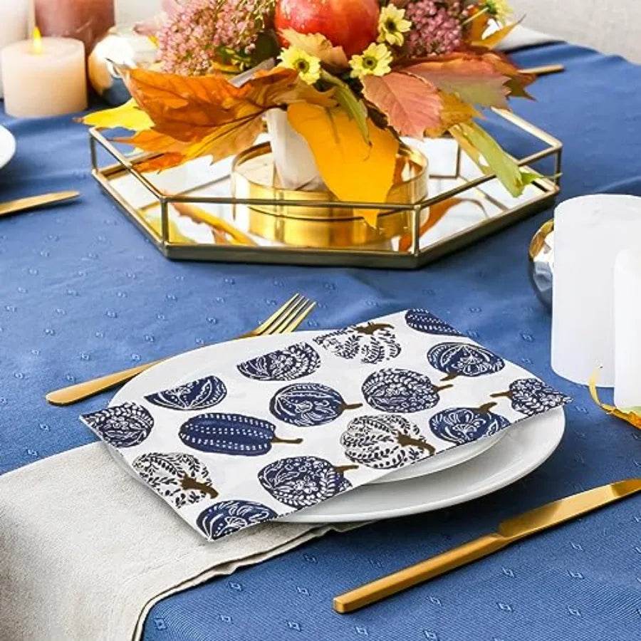 80 Pack Porcelain Pumpkins Guest napkins Disposable Blue Botanical Leaves - Loft&Timber