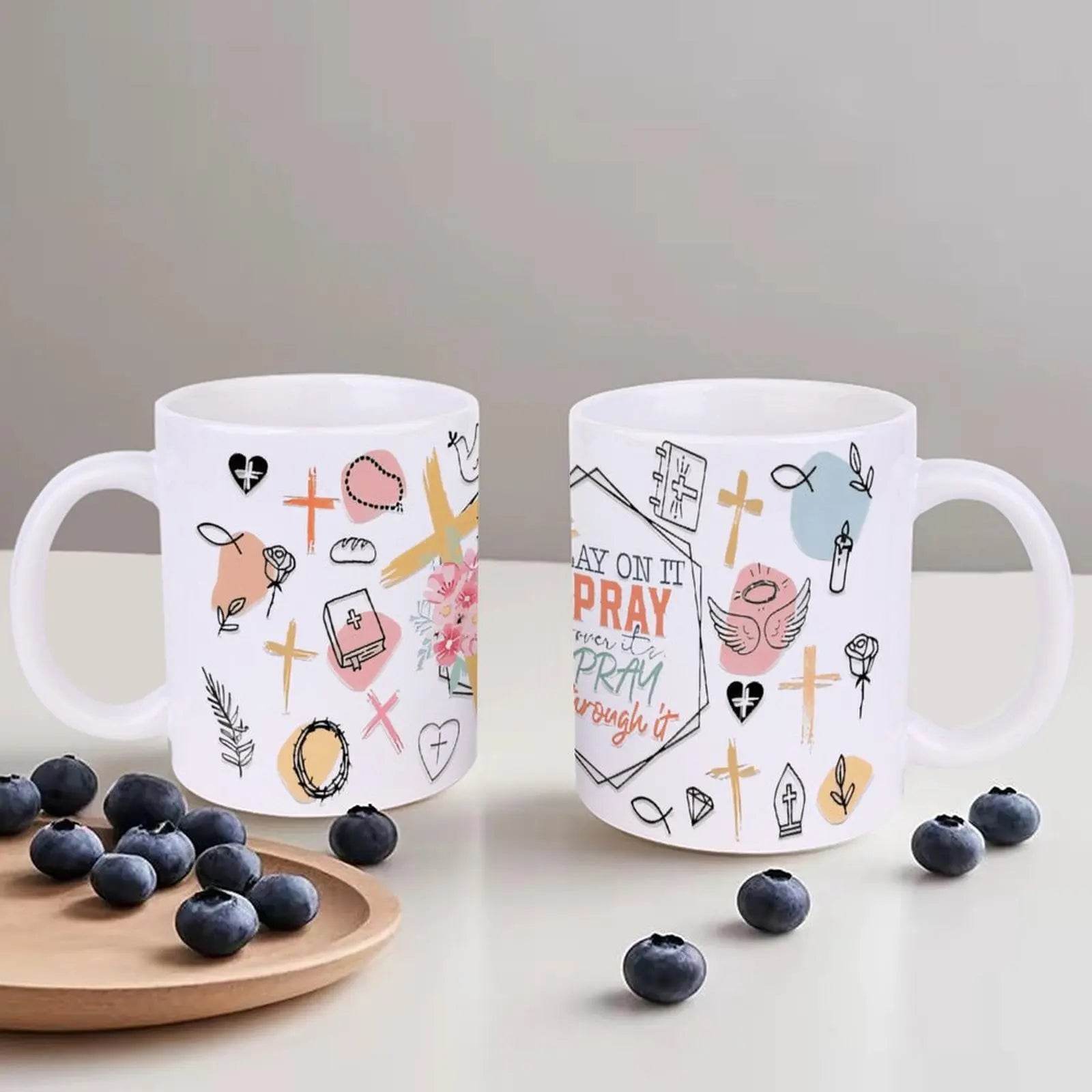 Pray On It Pray Over It Pray Through It Ceramic Coffee Mug Bible Verse Drinkware, 11oz - Loft&Timber