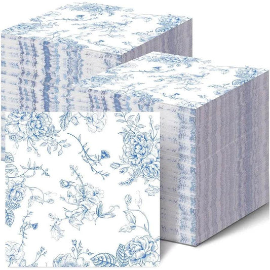 50 Pack Blue Floral Cocktail napkins Blue and White Floral Paper